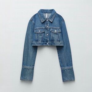 Zara Cropped Denim Jacket Blue Fitted Button Front Jean Jacket Size S